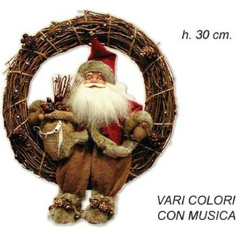 Corona natalizia per porta con babbo natale 30 cm - colore marrone - addobbo decorazione