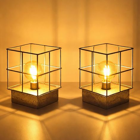Tischlampe Tischleuchte Beistellleuchte Nachtischlampe Schlafzimmerleuchte, Industriell Metall Gitterschirm zinkfarben, E27 Fassung, LxBxH 20x20x26,5cm, 2er Set
