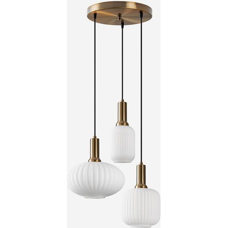 Pendelleuchte aus Metall - Goldfarben und Weiß - 3 Lampenschirme - H. 130 x B. 55 cm - OSKA