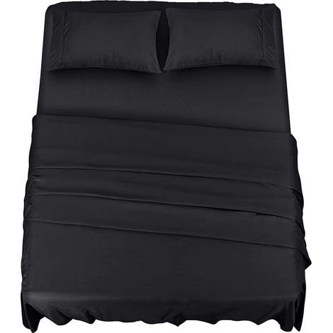 Polyester Microfiber Bedding Set (4-Piece, Black) - 1 Fitted Sheet 150x200cm, 1 Flat Sheet 266x259cm and 2 Pillowcases 50x75cm (1/5)