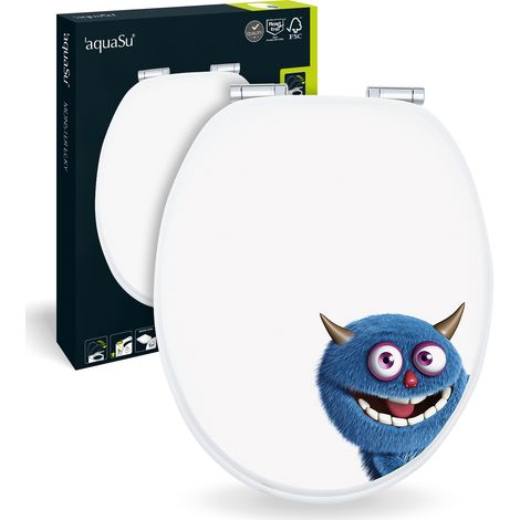 'aquaSu® WC-Sitz mit Absenkautomatik, lustiges Dekor Monster Ecky, Toilettensitz mit Holzkern & Fast Fix Schnellbefestigung, universale O Form, Metallscharnieren, Toilettendeckel witzig, 40276 7 (1/5)