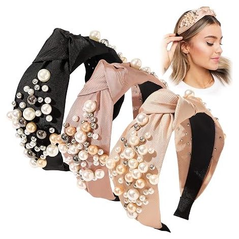Set de 3 bandeaux : bandeaux à nœuds avec perles, accessoires pour cheveux, antidérapants, tendance, mignons, bandeaux à nœud supérieur pour filles, cadeau pour femmes, noir, rose, or (1/4)