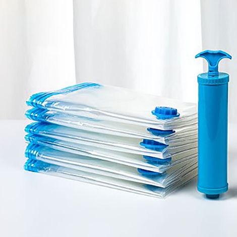 Lot de 8 sacs de rangement sous vide (35 x 50 cm) en PE et PET, comprenant une pompe à vide manuelle de taille moyenne et un sac de compression sous vide. (1/5)