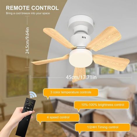Ventilatore da soffitto silenzioso Bardusch da 45 cm con luce LED dimmerabile, telecomando, 3 velocità, 5 pale in ABS e finitura effetto legno. (1/4)