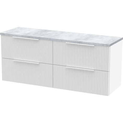 Tixall Fluted 4 Drawer Wall Hung Vanity Unit with Laminate Worktop, Satin White, 1200mm