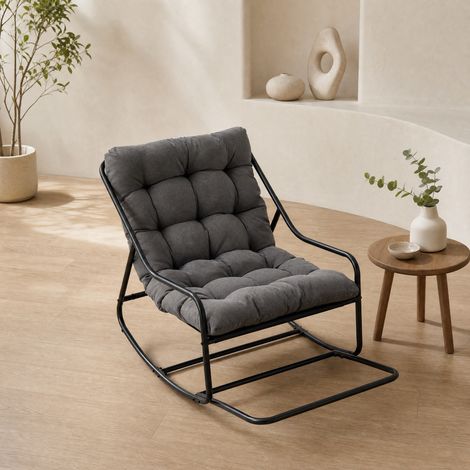 Sillón balancín de exterior con cojín grueso, acero negro y cojín gris DESVIAE (1/5)