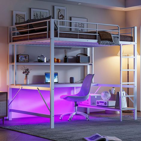 Gutent – Lit superposé 140x200 cm en métal et MDF – Éclairage LED 7 couleurs – Prises USB et électriques – Bureau intégré – Blanc (1/5)