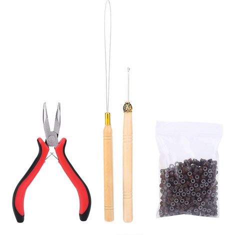 Kit de connexion pour extensions capillaires - Pince, crochet, aiguille boucle + 500 micro-anneaux marron, outil de pose professionnel. (1/5)