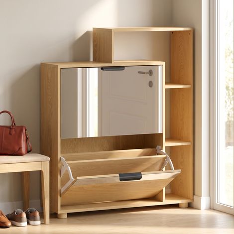 Meuble à Chaussures 10 Paires, Armoire à Chaussures, Portes en Miroir, 2 Tiroirs et Compartiments Ouverts, Chêne (1/5)