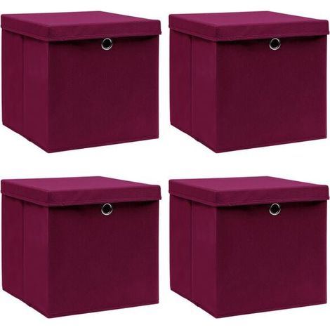 Ensemble de quatre boîtes de rangement, rouge foncé, 32x32x32 cm, en tissu. (1/5)