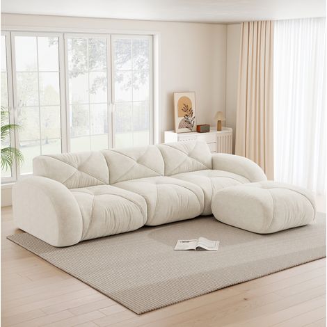 Canapé d’angle modulare in chenille bianco con pouf, 3 posti, senza montaggio (1/5)
