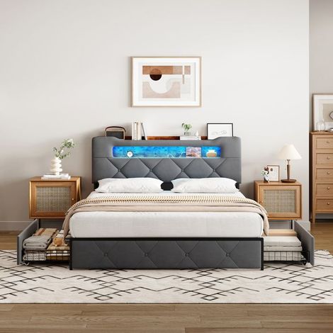 Lit double 140x190 - velours moderne luxueux - avec 4 Tiroirs rangement Lit - avec chargeur USB Lit - lumière intelligente