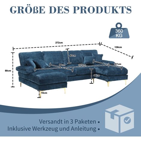 Grand canapé sectionnel U en chenille avec doubles sièges inclinables. Pour salon,chambre,bureau,appartement et villa.-Ha
