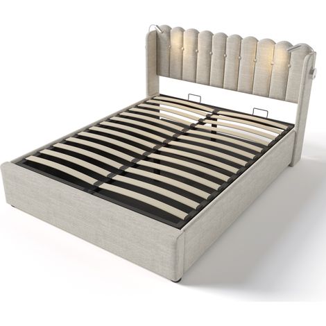 Cama doble capitoné 140x200 de lino con luz de lectura y puertos USB, armazón con almacenaje HOMVRA (1/5)