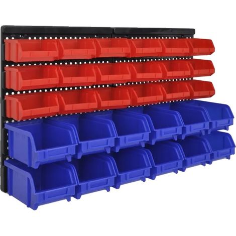 Organisateur d'outils, système de rangement 32 pièces, plaques modulaires 32 x 38 x 2 cm, boîtes empilables, 30 boîtes amovibles, couleur bleue et rouge (1/3)