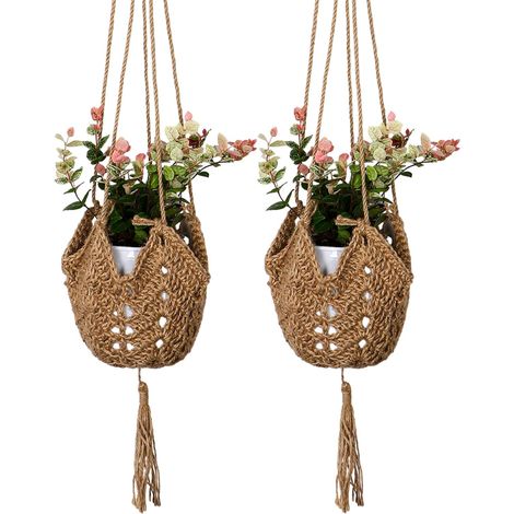 Lot de 2 Supports de Plantes en Corde de Jute avec Crochets pour Suspension - Support de Pot de Fleurs en Macramé pour Décoration Intérieure - Panier de Fleurs à Suspendre au Mur (1/5)