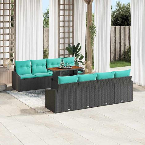 Ensemble de Canapé de Jardin en Résine Tressée avec Rangement Noir et Turquoise 9 Pièces 8 Places - PANGIVO (1/5)