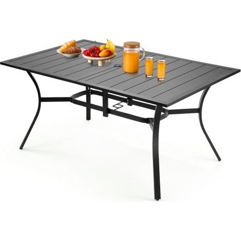 Mesa de Patio para Jardín, 1500 x 960 x 725 mm, Rectangular, de Acero al Carbono, para Patio, Jardín, Terraza, Impermeable, con Orificio para Sombrilla de 38 mm, Carga de 68 kg, Color Negro (1/5)