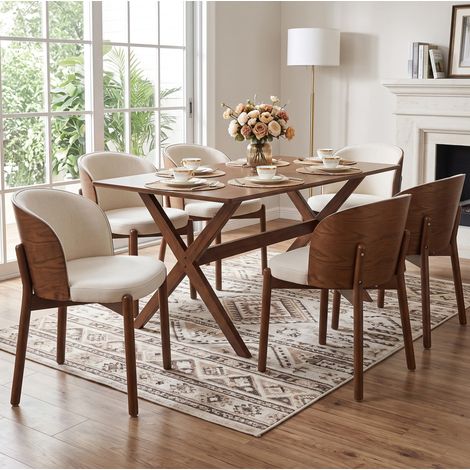 Lot de 6 chaises de salle à manger en bois, tissu lin, dossier enveloppant, coloris noyer (1/5)