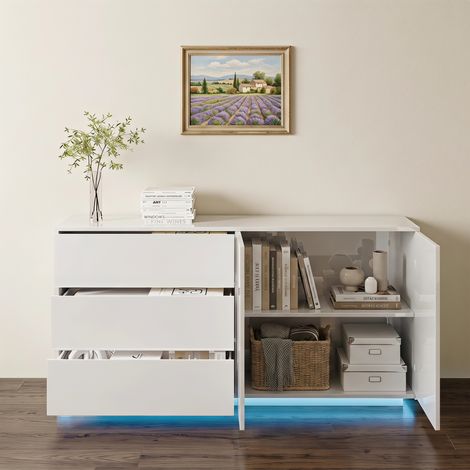 Buffet 160 cm avec LED, Enfilade pour salon et salle à manger, Meuble d'appoint blanc laqué avec 3 tiroirs et 2 portes, Blanc (1/5)