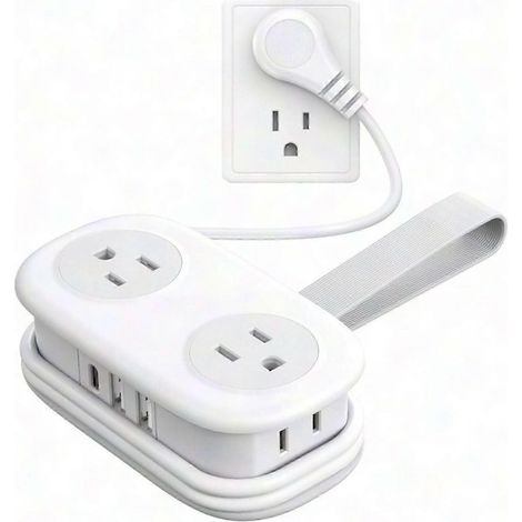 Multiprise de voyage de 1,2 m : fiche plate à 45 degrés, 4 prises de courant alternatif, 2 ports USB-A et 1 port Type-C, avec protection contre les surtensions, blanche. (1/4)