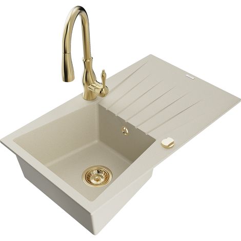 Mexen Cesar 1 Becken-Granitspüle mit Abtropffläche und Mischbatterie Savita, Beige - 6514-69-672601-