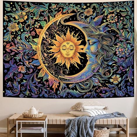 Tapestry Murale - Soleil Lune Fleurs Plantes - Polyester 100 % - Décoration Murale Chambre Salon Yoga - 70 x 47 Pouces ou 84 x 60 Pouces (1/5)