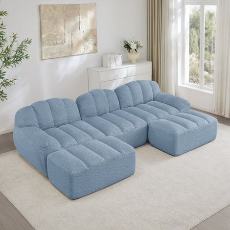 Canapé Modulaire en U 3 Places avec 2 Poufs, Mousse Haute Densité 32D, Assise Profonde, Tissu Velours Côtelé Doux, Salon, Bleu (1/5)