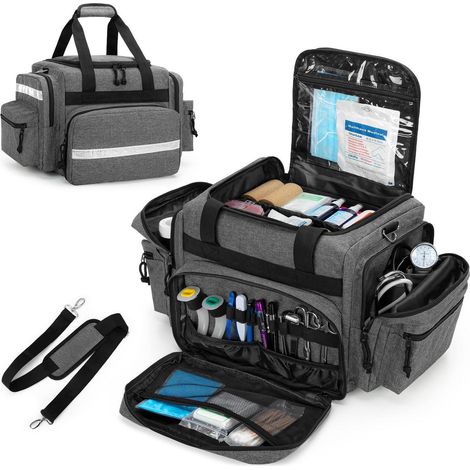 Medizinische Trauma Tasche Grau mit vielen Fächern und Schultergurt