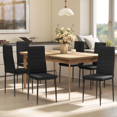 Confezione da 6 sedie da pranzo moderne, rivestite in tessuto sintetico effetto lino, con schienale alto e gambe in metallo, dimensioni 41x50x97 cm, colore nero.