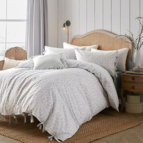 Ensemble De Housse De Couette 100% Coton Délavé Réversible Imprimé Feuilles Blanc King UK Standard 230x220cm (1/5)