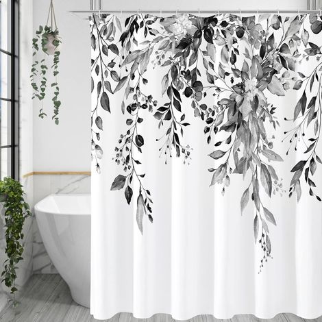 Rideau de douche, ensemble rideau de douche floral avec crochets, 180 x 180 cm, eucalyptus noir et blanc (1/5)