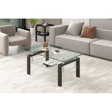 Mesa de centro de cristal de seguridad 100 x 60 x 44 cm transparente con estructura metálica HAVRYA (1/5)