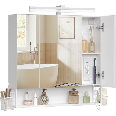 Meuble de salle de bain avec éclairage LED 16,5 x 80 x 75 cm support pour sèche-cheveux rangement moderne en panneau d'aggloméré blanc (1/2)