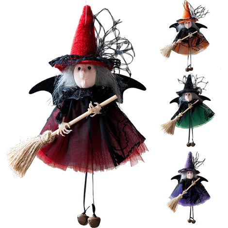Hexen-Ornament 4 Stück Besen haltende Gothic-Handarbeiten  Halloween Puppen-Dekorationen Für Den Garten Die Das Büro Das Zuhause Den Eingangsbereich Kamin Die Feiertagsparty (1/5)