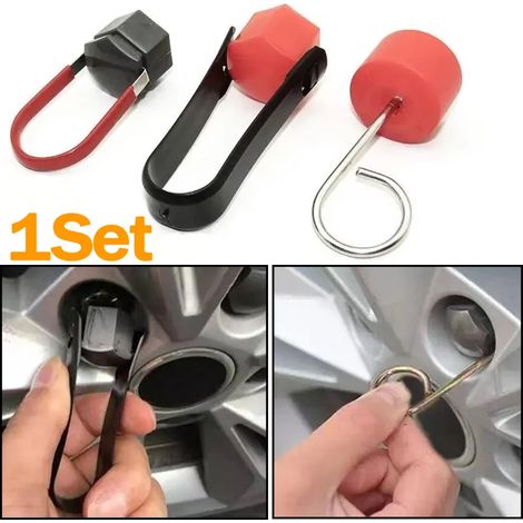Outil portable (rouge) pour retirer les cache-écrous de roue : extracteur de moyeu universel, outil de remplacement des cache-boulons de roue, pince à épiler. (1/5)
