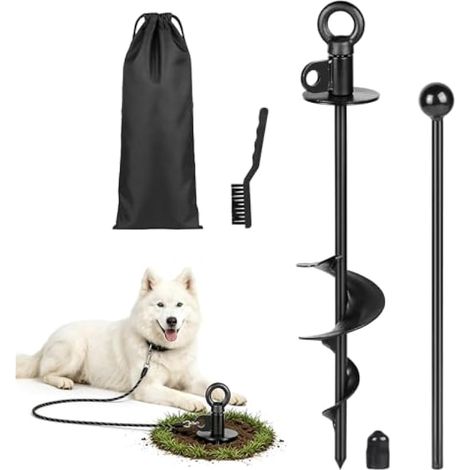Piquet d'attache pour chien 38 cm noir avec anneau pivotant à 360°, anti-nœuds, pour chiens jusqu'à 100 kg, avec brosse de nettoyage et levier, ancrage au sol pour terrasse (1/5)