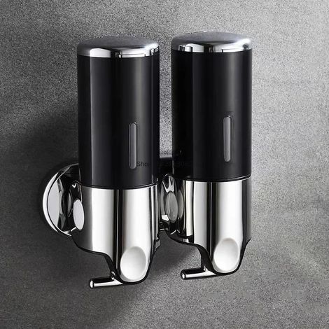 (2 Noirs) Distributeur mural de gel hydroalcoolique de haute qualité pour hôtels, avec ventouse et bouton-poussoir manuel. Collecteur de savon liquide et mousse. Accessoires de salle de bain. (1/5)