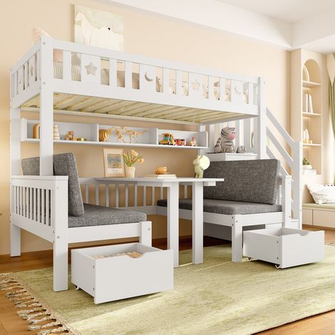 Modernluxe – Lit mezzanine 90 x 200 cm – Lit et bureau 2 en 1 – Échelle de rangement – Garde-corps sécurisé – Rangement sous l'échelle – Blanc (1/5)