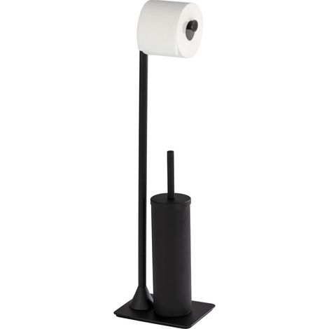 Combiné WC sur pied 2en1 - Hella, Acier verni noir mat, 15 x 69 x 20 cm, Brosse WC hygiénique à tête remplaçable, Design industriel (1/5)