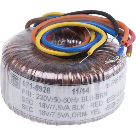 Rs Pro – Transformateur torique 2 sorties 230V c.a. – 2 x 18V c.a. 15VA – Courant 417mA – Dimensions 60 x 31mm (1/2)