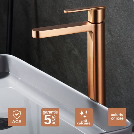 Robinet Mitigeur Lavabo Salle de Bain or rose cuivré – Bec Haut Anti-Calcaire – Design moderne - ROMA IMEX (1/4)
