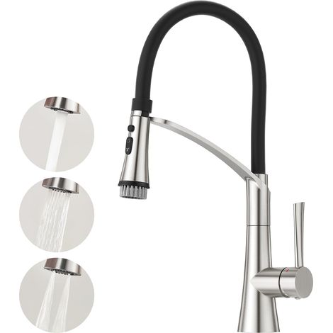 Robinet Cuisine 3 Voies avec Douchette Extractible, Mitigeur 3 Voies Cuisine Pivotant à 360°, Robinetterie Cuisine Eau Potable, Robinet Évier de Cuisine avec Sortie Eau Filtrée,Chrom (1/5)