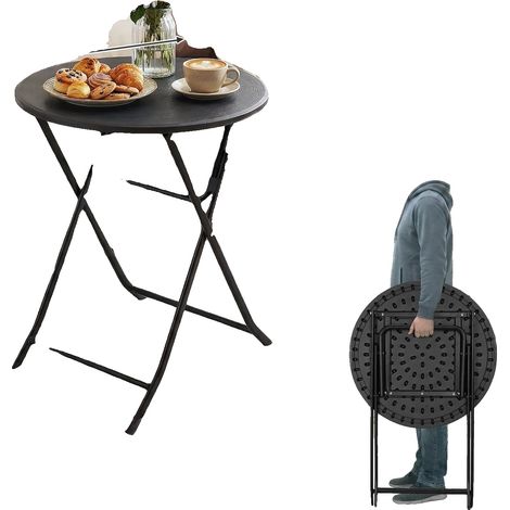 Mesa plegable, estructura de acero, portátil y robusta, redonda de 60 cm, negra. (1/2)