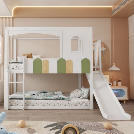 Cama infantil alta con tobogan y escalera segura blanca HAVRYA (1/5)