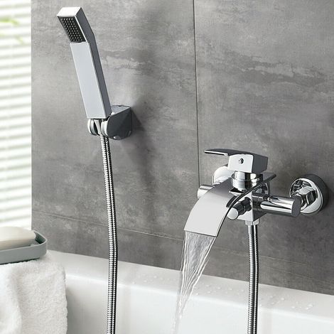 Robinet de Baignoire Cascade Mitigeur de bain en Acier Inoxydable Robinet de Douche Chromé Mitigeur Cascade avec Douchette à Main pour Salle de Bains (1/5)