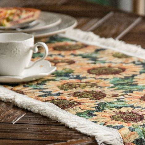 Chemin de table en jute à motif tournesol jacquard, style américain, avec pompons, pour décoration de table de fête, jaune tournesol, 30 x 120 cm / 11,8 x 47,2 pouces (1/5)