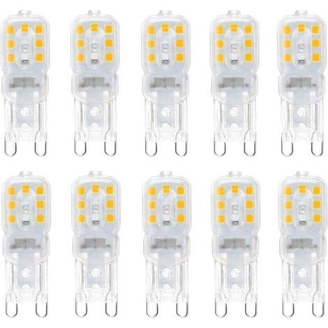 10 lampadine LED G9 da 3W, equivalenti a lampadine alogene da 33W, luce bianca calda 3000K, non dimmerabili, angolo del fascio luminoso di 360°. (1/3)