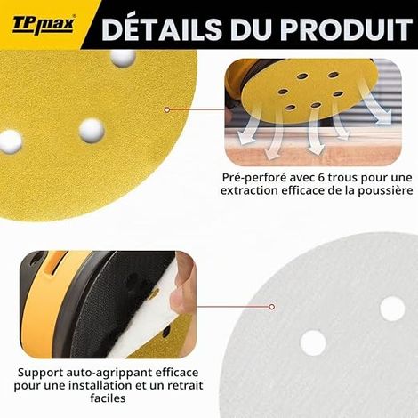 Disques Abrasifs Auto-agrippants 150mm 6 Trous Papier de Ponçage Mixte Grain 60/80/120/220/320 Disques Ponceuse Orbitales Crochet et Boucle Meulage et Polissage du Bois et Métal (1/3)