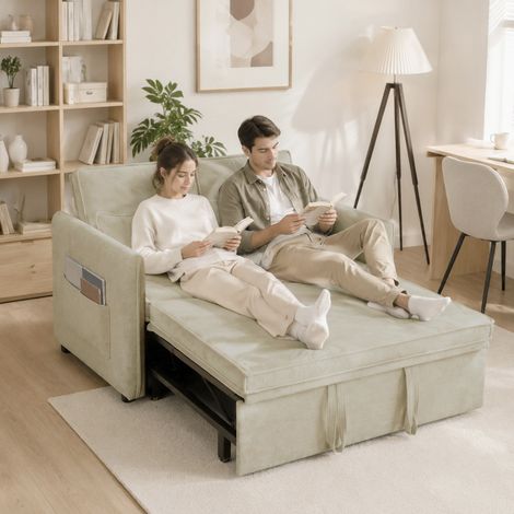 Canapé Convertible 2 Places, Canapé-Lit 3 en 1 Chenille 125 cm avec Dossier Réglable, Assise Large, 2 Oreillers, Crème (1/5)